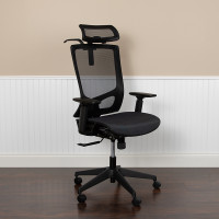 Flash Furniture H-2809-1KY-BK-GG Ergonomic Mesh Office Chair with Synchro-Tilt, Pivot Adjustable Headrest, Lumbar Support, Coat Hanger and Adjustable Arms in Black